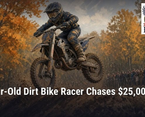 Fostoria News Young dirt bike rider in mid-air during race in autumn setting.